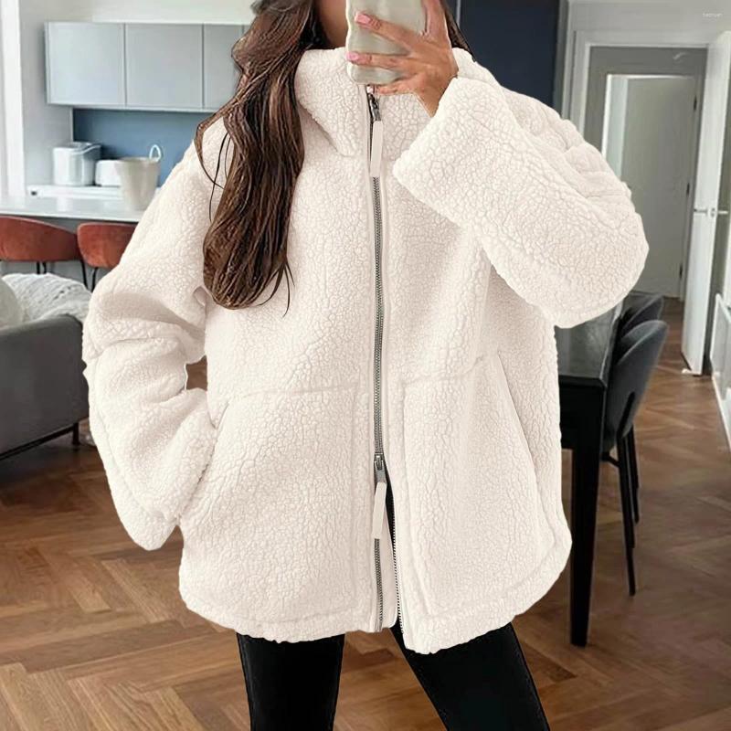 Women's Knits Fleece Women Outwears Coat Solid Color Warm Long Sleeve Stand Collar Loose Double Zip Lamb Wool Jackets Autumn Fashion