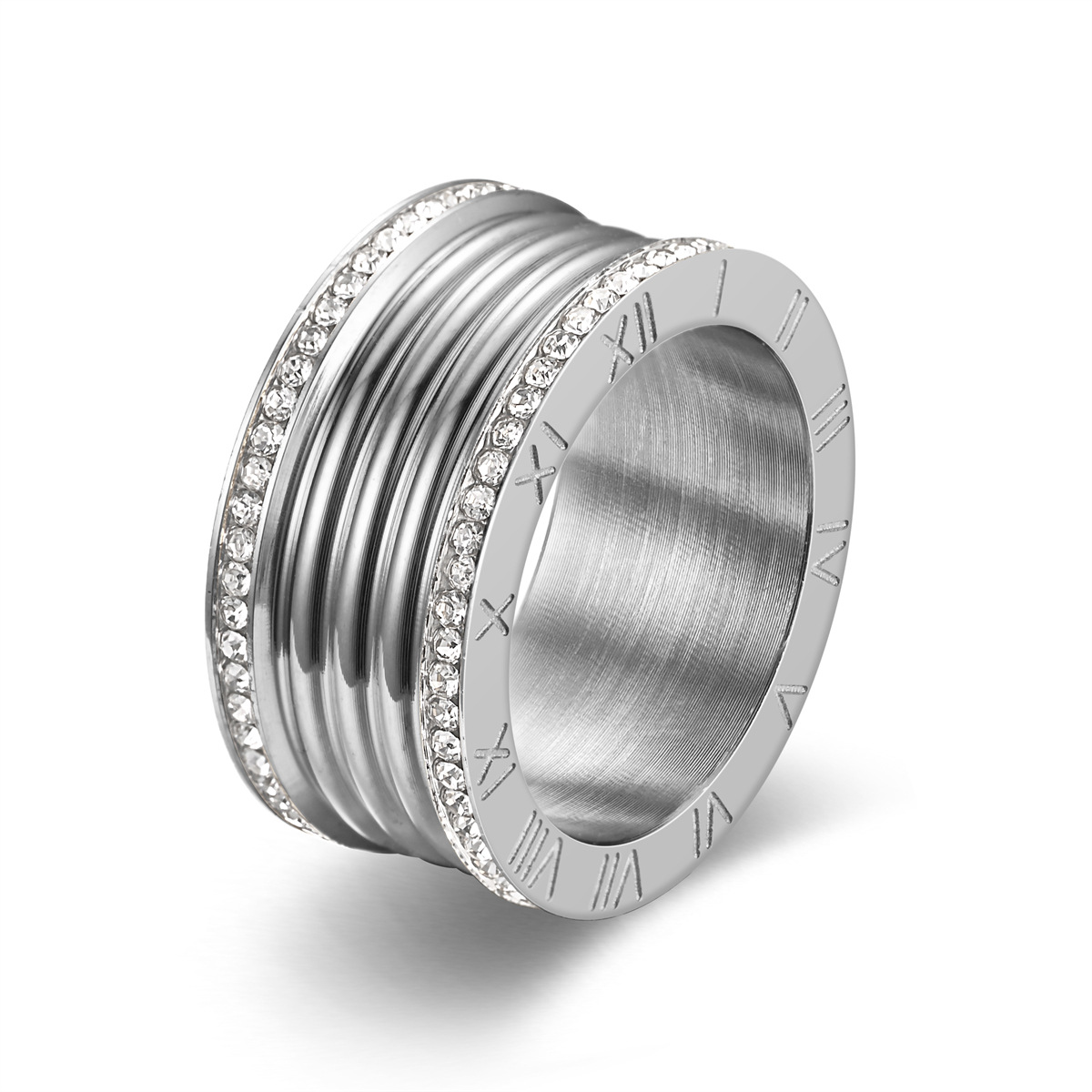 Europe and the United States popular double rows full of diamonds ring extra wide Roman numerals stainless steel ladies finger ring jewellery products