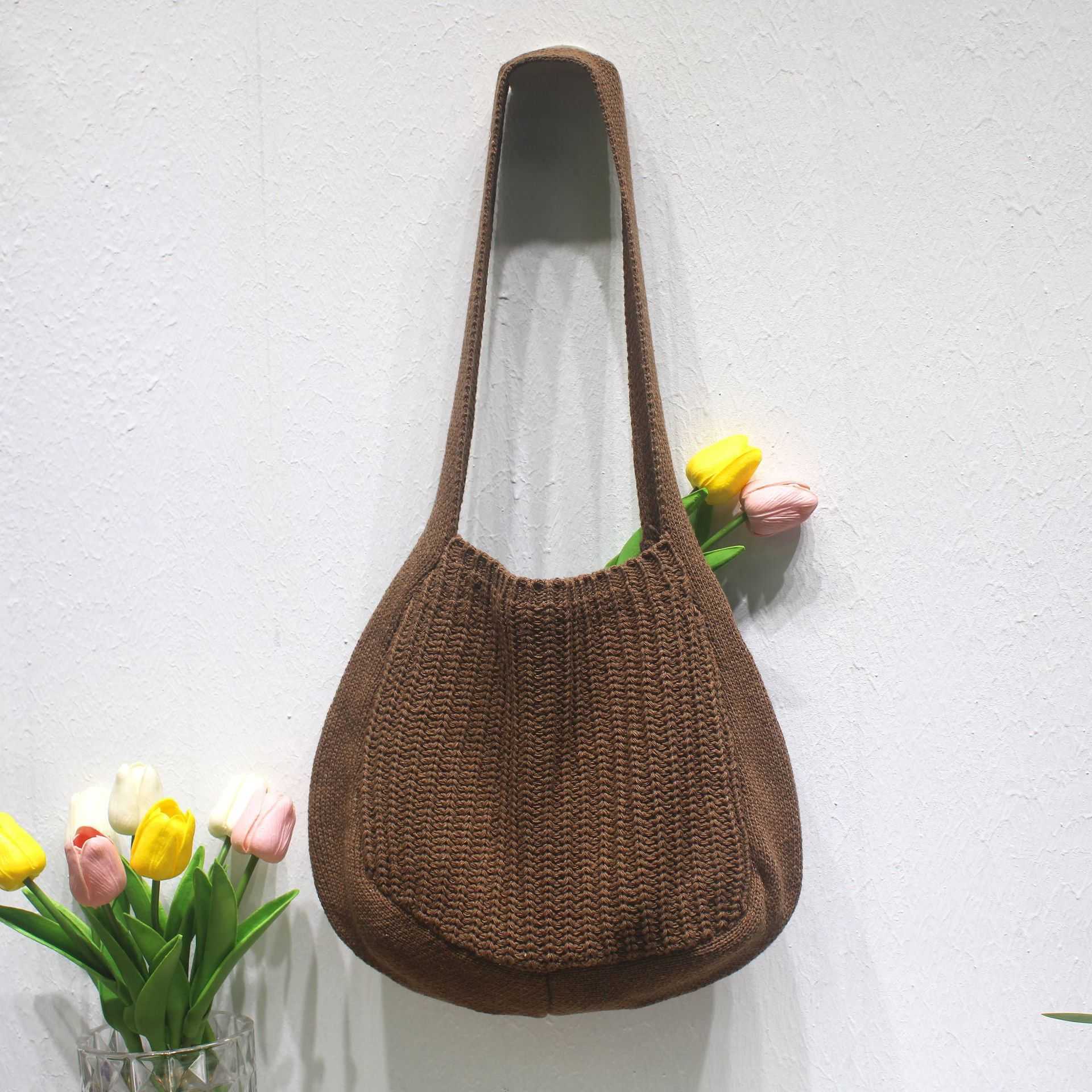 Autumn Large Capacity Commuter Knitted Tote Bag for Women 2024 New Chestnut Single Shoulder Cross Shoulder Big Bag