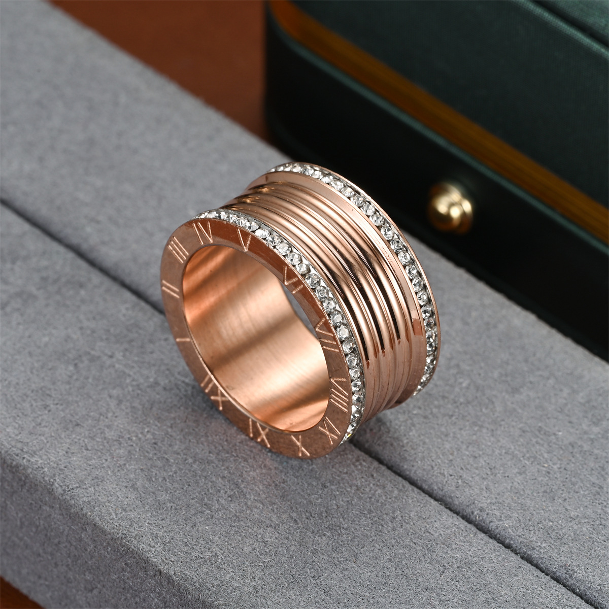 Europe and the United States popular double rows full of diamonds ring extra wide Roman numerals stainless steel ladies finger ring jewellery products
