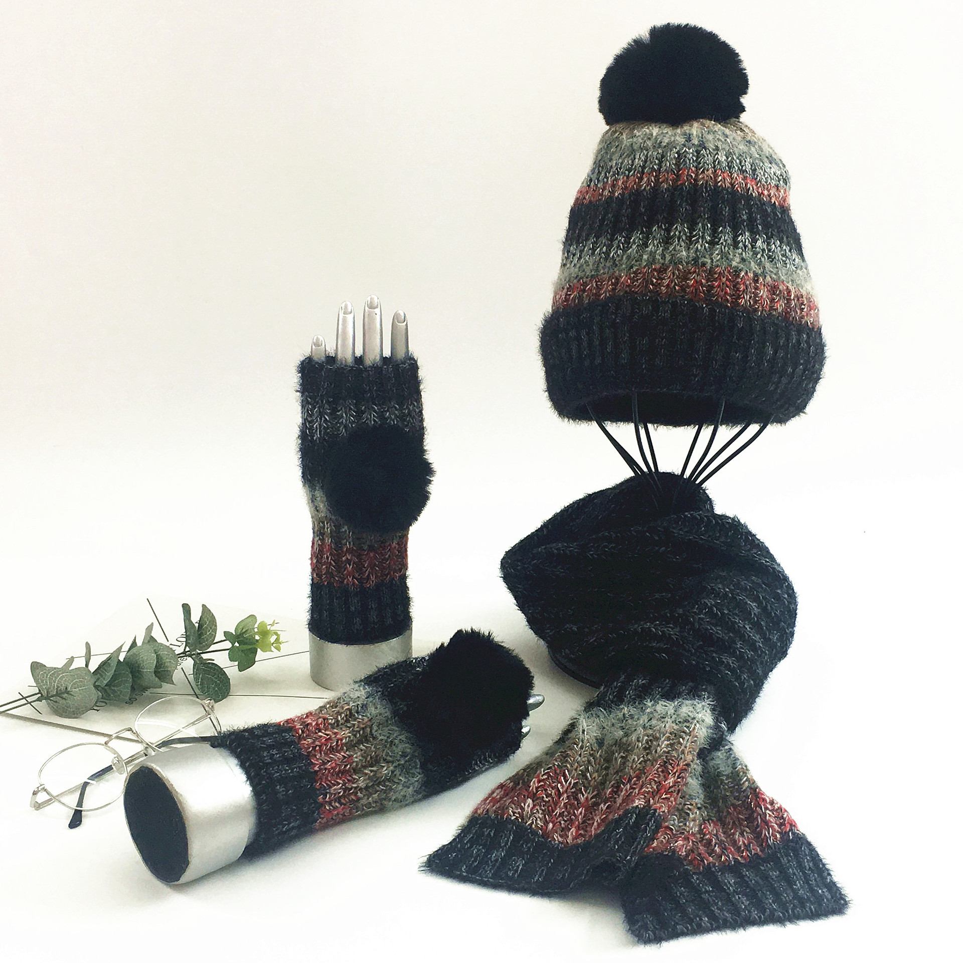 European and American autumn and winter fashion knitted striped three piece set versatile and warm pullover woolen hat scarf glove set