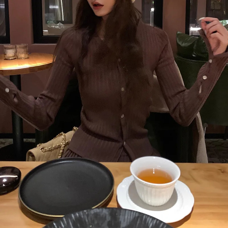 Spring Autumn Womens Knitted Suit Fashion Sweet Slim Knit Cardigan Y2k Tops Elastic Waist Mini Pleated Skirt 2pcs Matching Set 241127