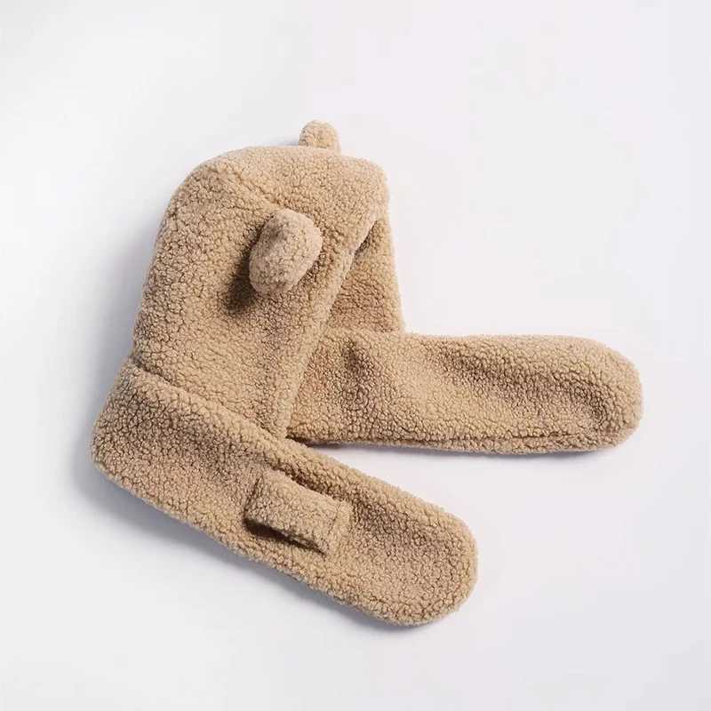 Caps Hats Lamb Fleece Ear Protection Cap For Kids Cute Hooded Hat Winter Boys Girls Windproof Warm Plush Beanie Baby One Piece Scarf Cap H241128