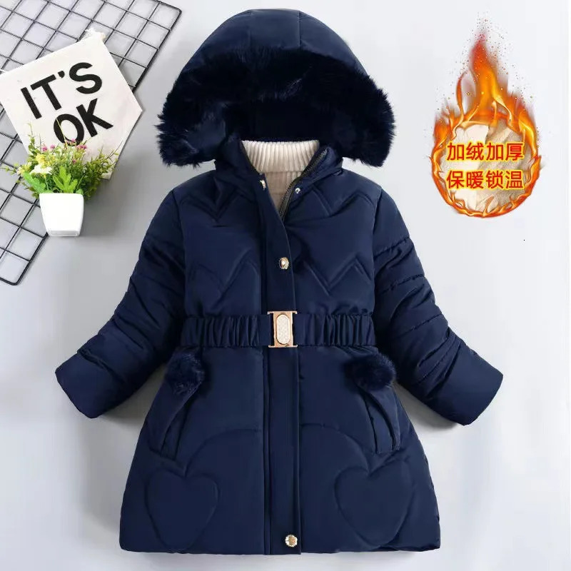 3 4 5 6 8 10 Years Winter Girls Coat Keep Warm Thicken Kids Jacket Hooded Zipper Fur Collar Princess Outerwear Children Clothing 241126