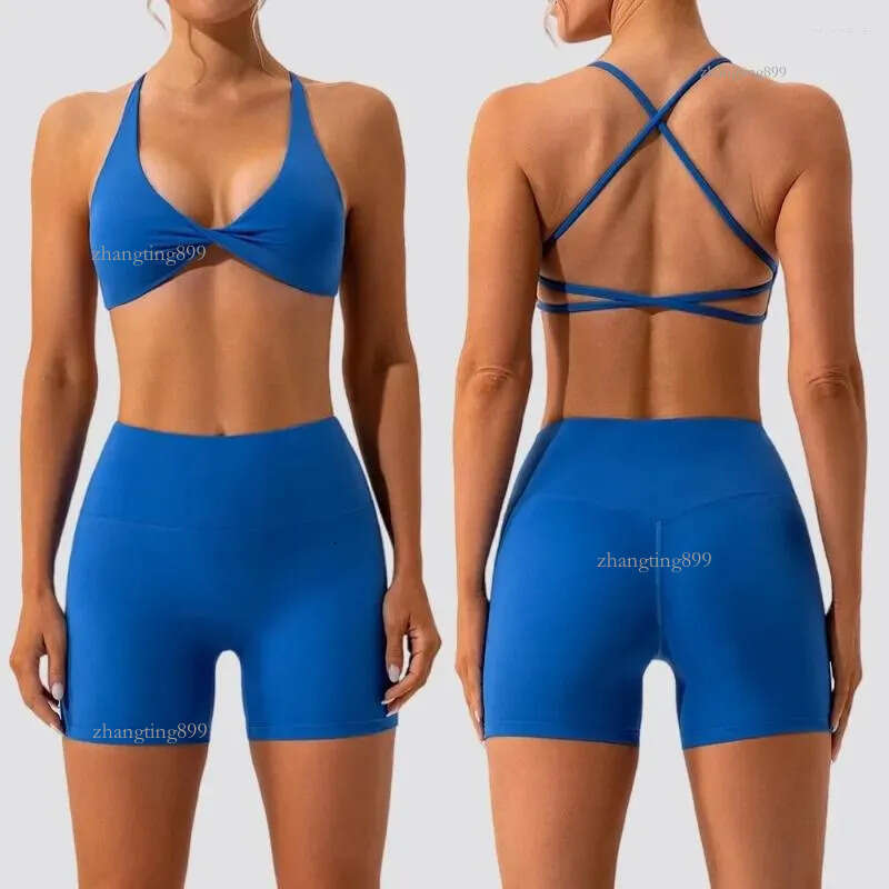 Active Sets Women's Spring/Summer Naked Yoga Clothes Shorts Two Piece Set For Fitness Running Quick Drying Sports