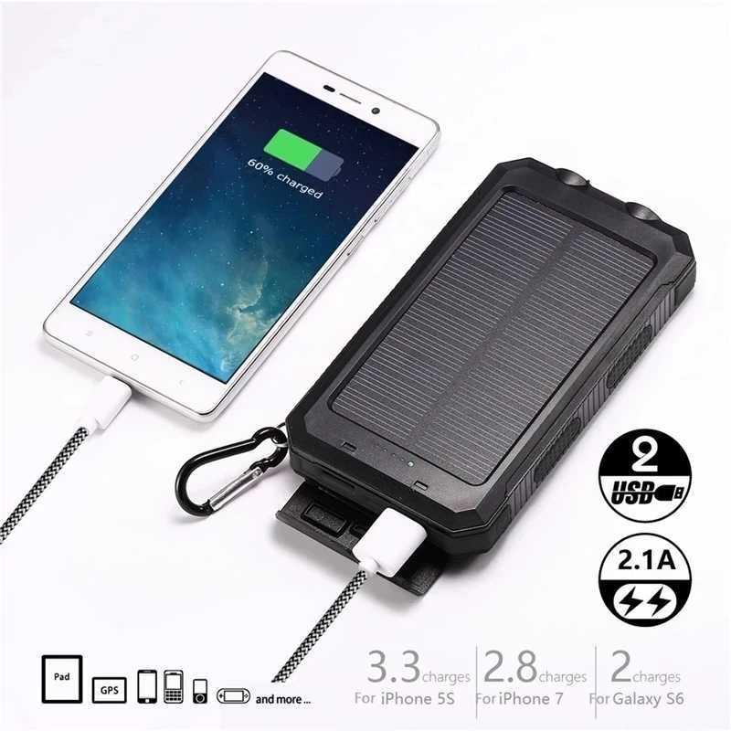 Cell Phone Power Banks 20000mAh solar battery pack outdoor portable charger Powerbank waterproof external battery dual USB charging with LED lights J2