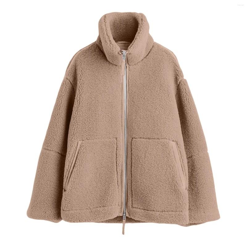 Women's Knits Fleece Women Outwears Coat Solid Color Warm Long Sleeve Stand Collar Loose Double Zip Lamb Wool Jackets Autumn Fashion