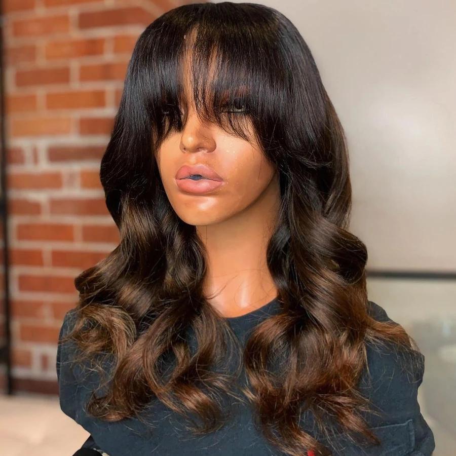 360 Lace Frontal Wig Ombre Dark Brown Wave Remy Human Hair Hd Laced Front 150% Fringe Wigs Natural Haire F Curtain Bangs