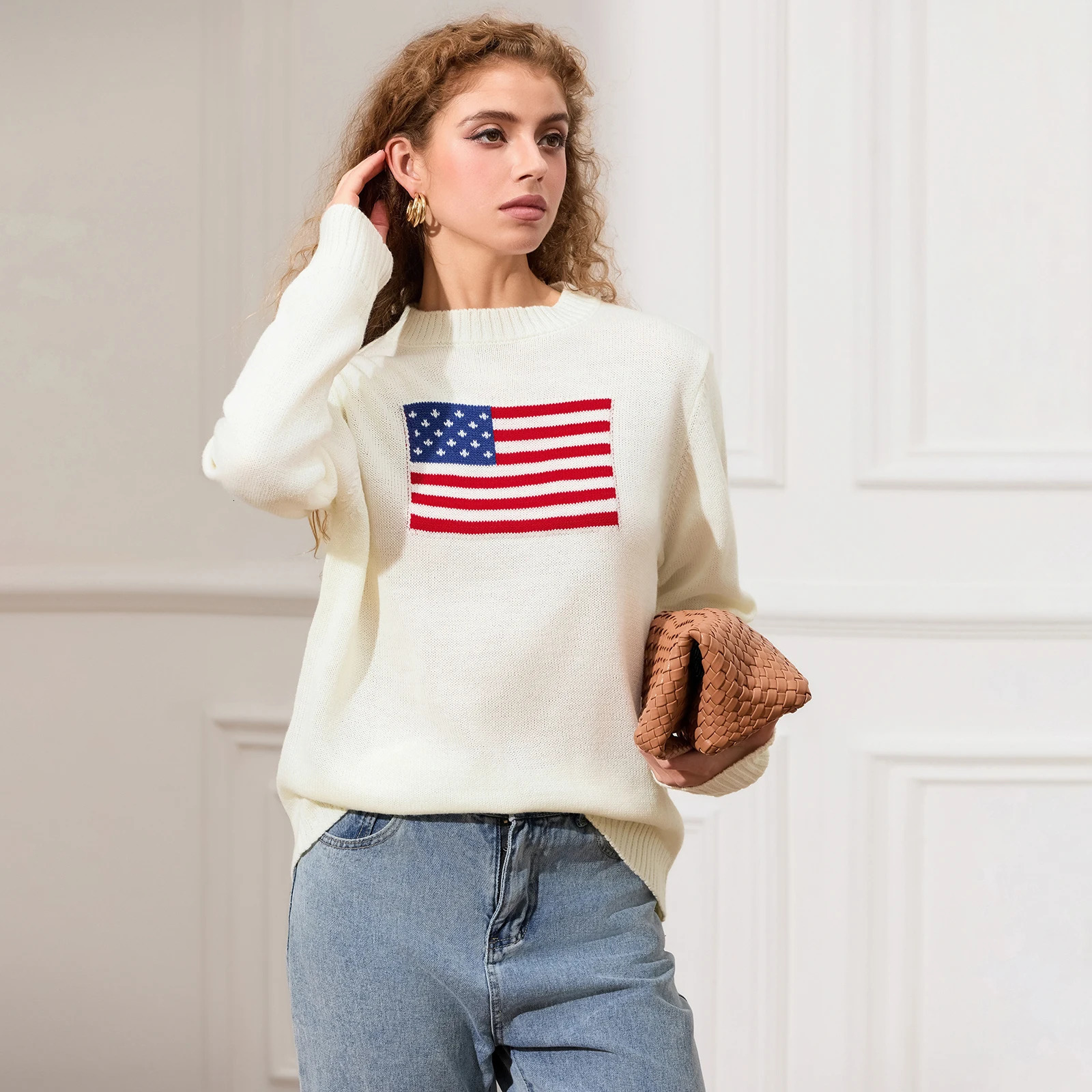 Combhasaki Womens Y2K American Retro Vintage Flag Sweaters Casual Long Sleeve Crew Neck Loose Fit Knit Pullover Jumper Tops 241127