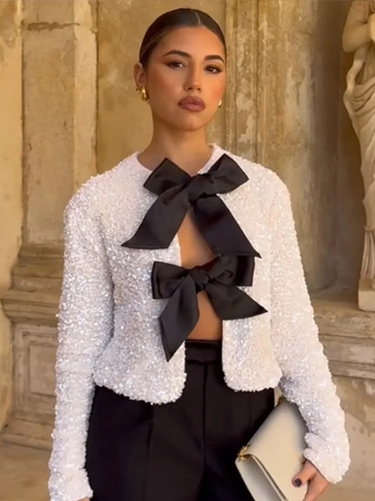 Fashion sequin bow lace womens jacket elegant O-neck long sleeved ultra-thin short jacket autumn womens fashion party streetwear 241125