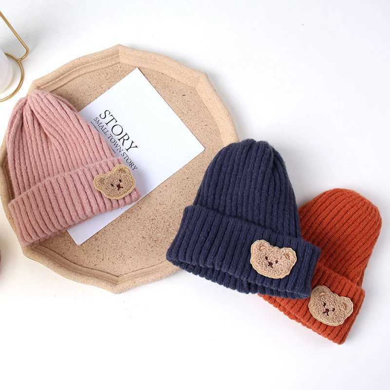 Caps Hats Korean Bear Baby Knit Hat Autumn Winter Warm Toddler Cap for Boy Girl Beanies Cute Solid Color Cartoon Kids Knitted Hats H241128