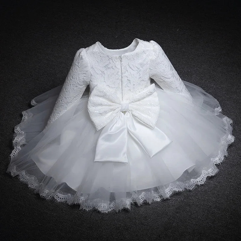 Baby Girls Long Sleeve Dresses for Xmas Party Wedding Lace Big Bow Infant Girl 1st Birthday Princess White Baptism Dress 240416