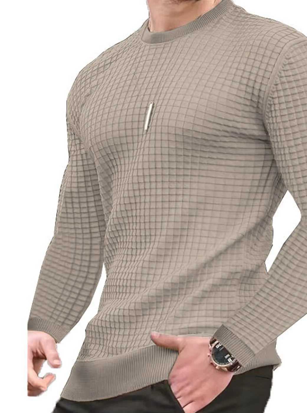 Mens Fashion Small Check Waffle Youth Round Neck Jacquard Check Hoodie XJ250621