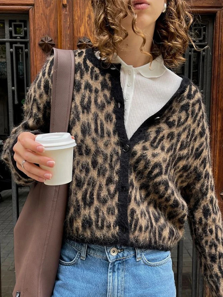 Fashion Knitted Leopard Print Mohair Sweater Cardigan Women Chic O-Neck Long Sleeve Sweater Elegant Lady Street Autumn Knitwear 241127