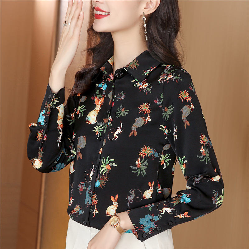 Fashion Rabbit Print Red Silk Shirt Women Long sleeved Lapel Neck Designer Blouses Casual Office Slim Ladies Button Down Runway Tops Clothing Spring S