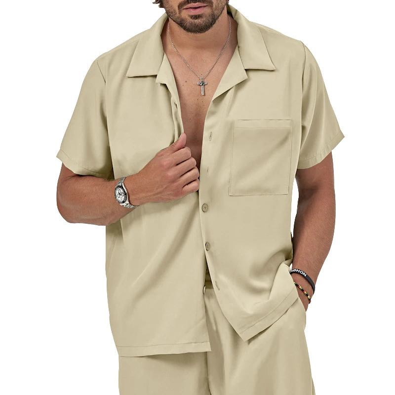 Mens 2Pcs Outfits Casual Lapel Button Up Short Sleeve Shirt And Drawstring Shorts Set For Summer Clothing Daily Lei 240415