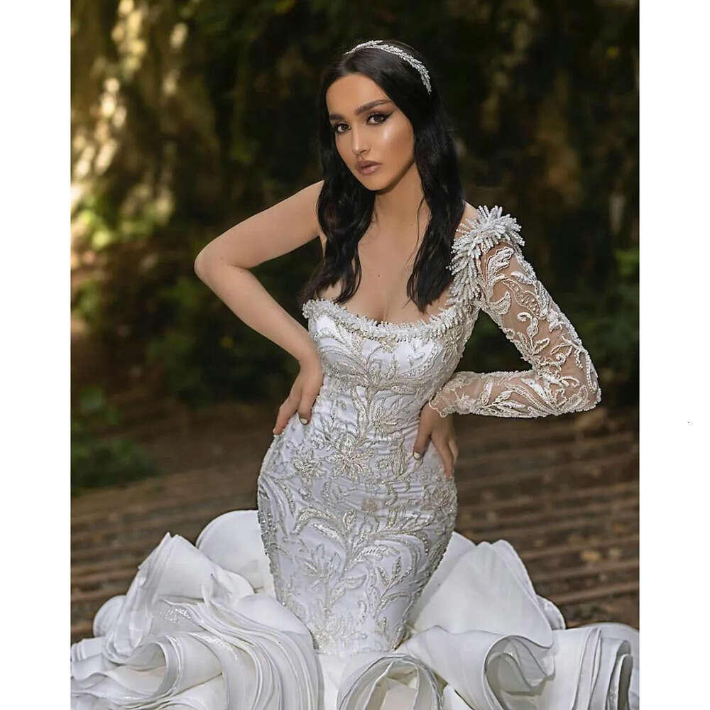 Ruffles Wedding Dresses Mermaid Plus Size One Shoulder Chapel Train Gorgeous Bridal Gowns Nigerian Arabic Marriage Dress