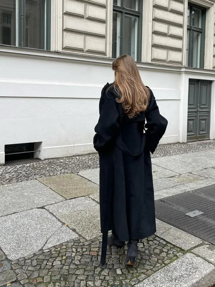Fashion With Belt Black Woolen Long Coat For Women Oversize Loose Double Button Lapel Overcoat Autumn Lady High Street Outerwear 241121 - view 7