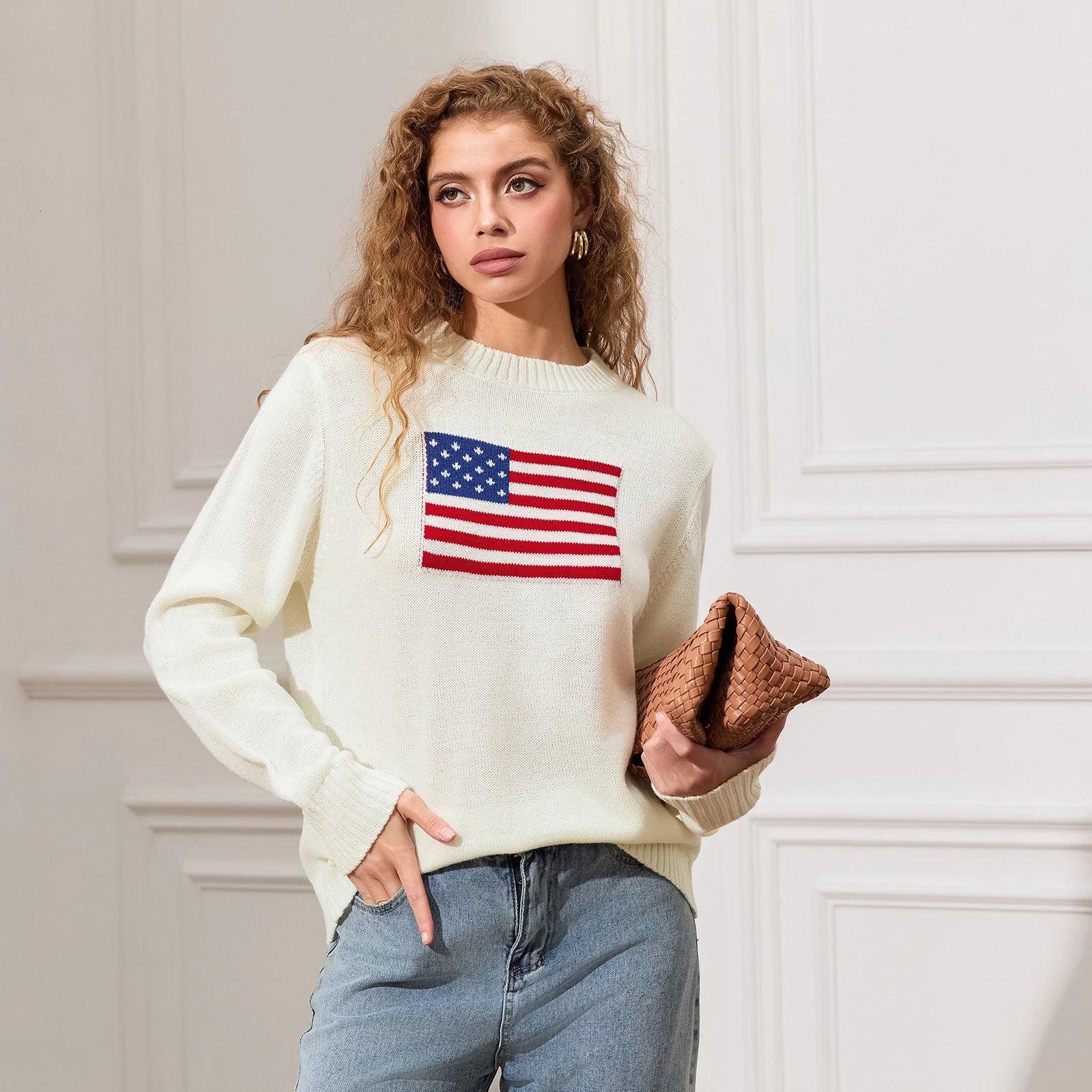 Combhasaki Womens Y2K American Retro Vintage Flag Sweaters Casual Long Sleeve Crew Neck Loose Fit Knit Pullover Jumper Tops 241127