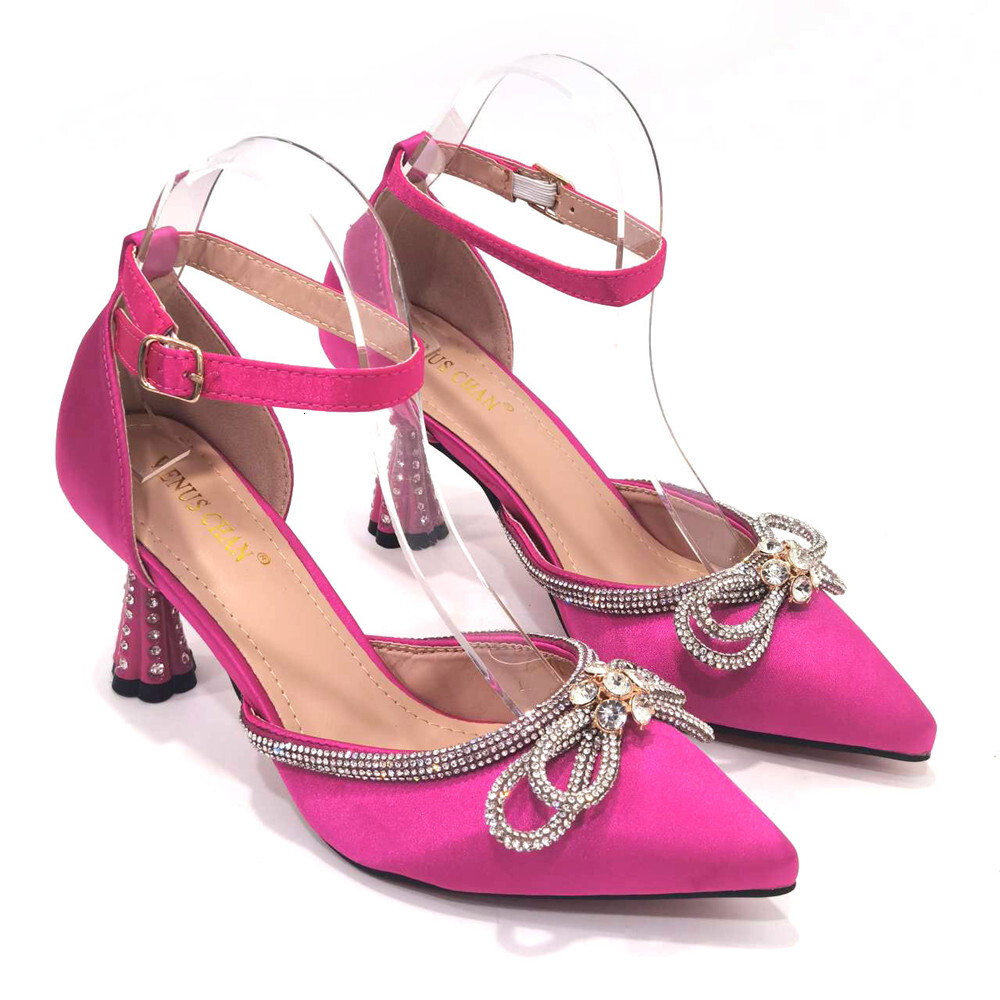 2023 Ladies Pointed-Toe Party High Heels Magenta Colour Bow Rhie Stereo Evening African Wedding Shoe And Bag Set