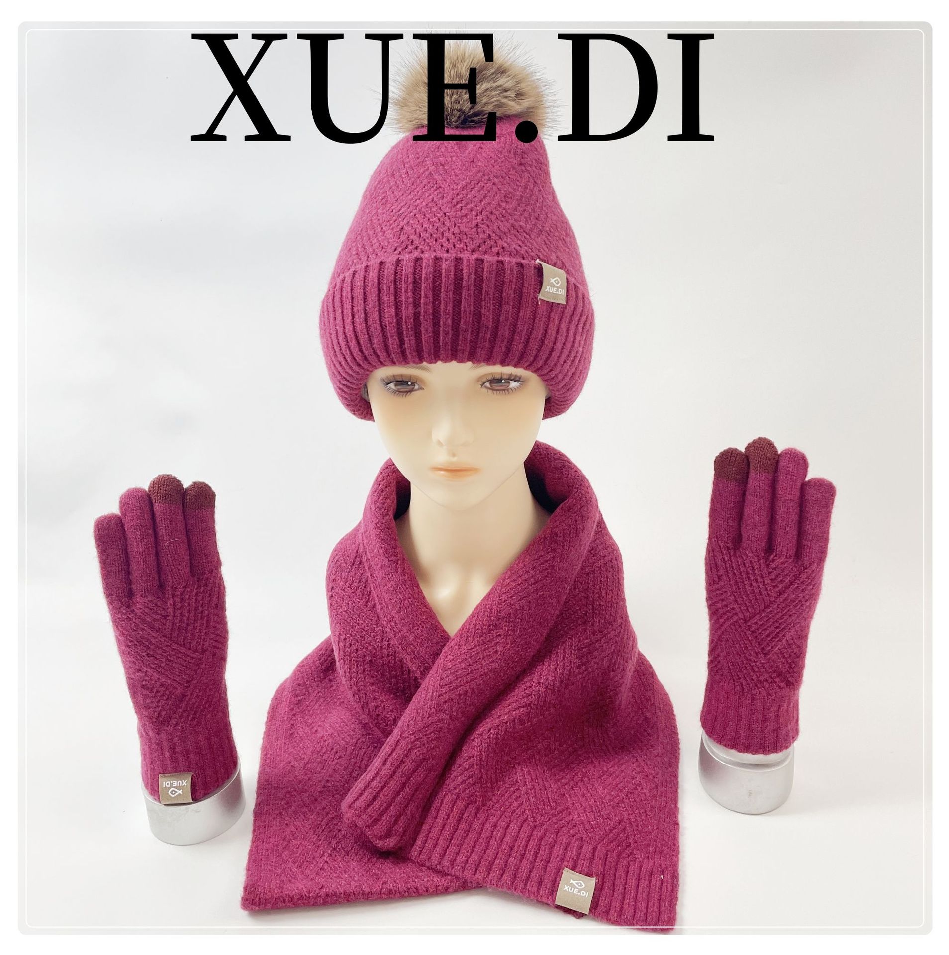 Amazon's new solid color wool warm hat scarf glove three piece set cold resistant wool ball and velvet knitted set