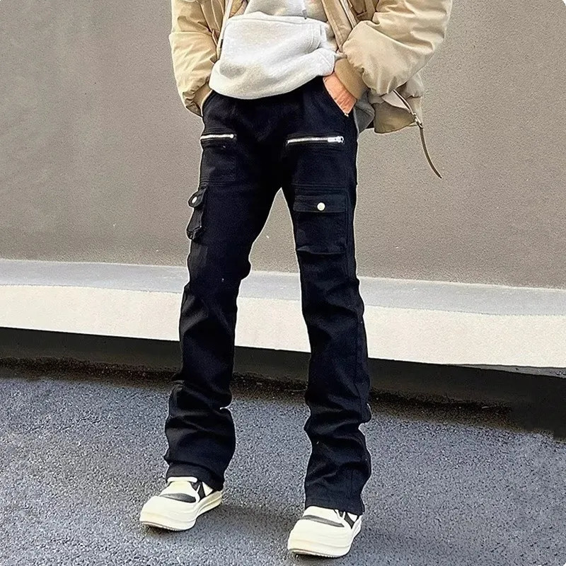 Y2K Fashion Zipper Black Flared Jeans Cargo Pants For Men Clothes Straight Solid Casual Long Trousers Ropa Hombre 240420