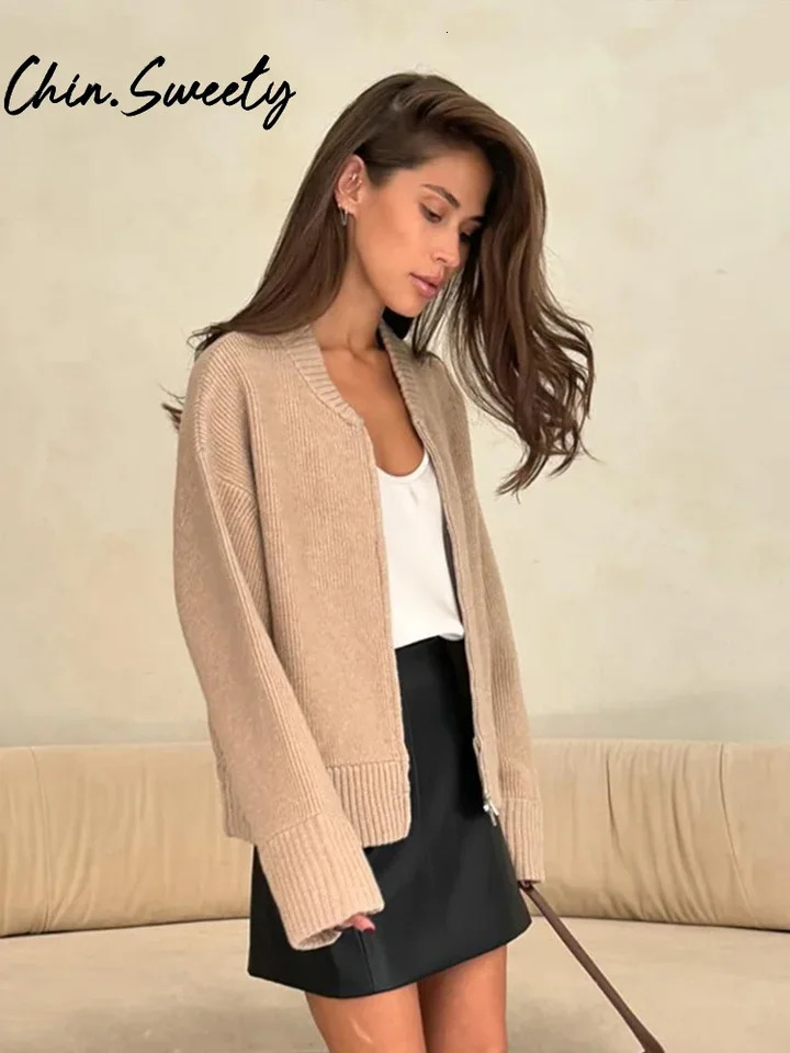 Retro Knitted Womens Open Collar Casual Full Sleeve Zipper O-Collar Folded Womens Sweater 2024 Autumn Winter Ultra Thin Womens Knitted 241128
