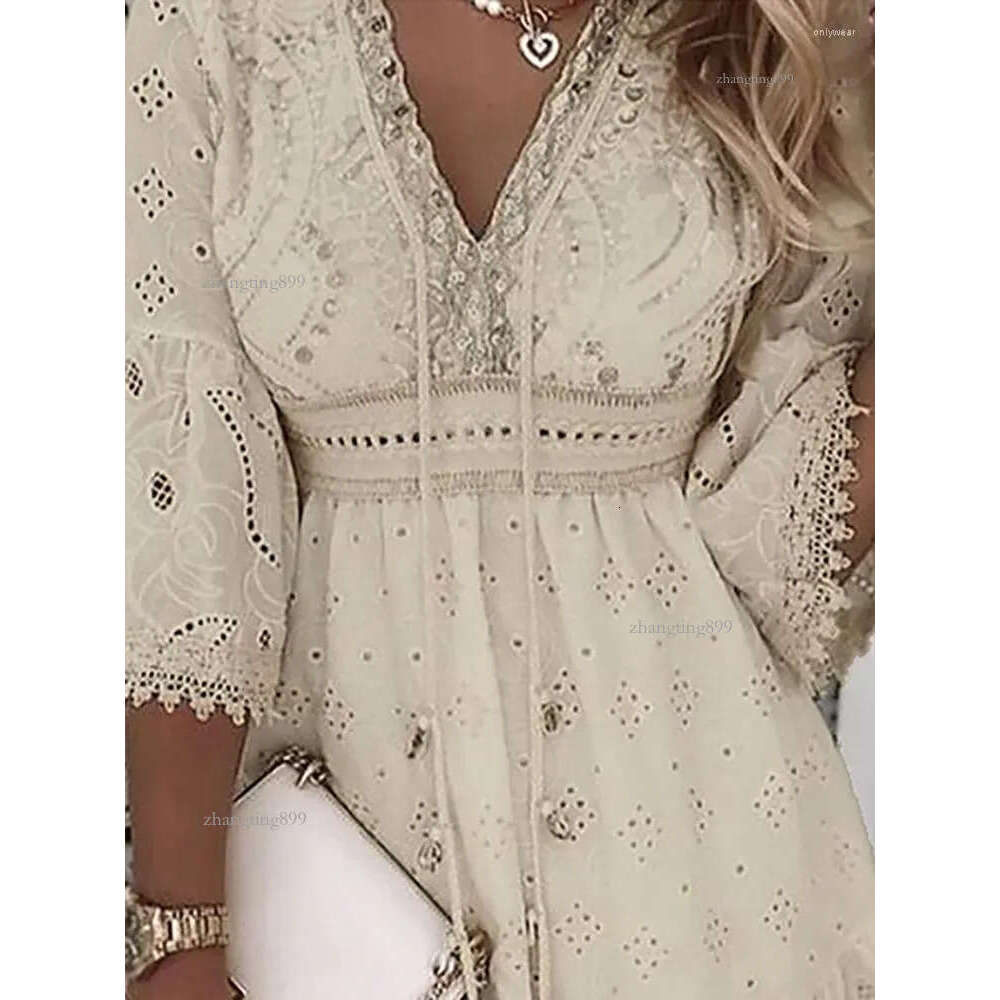 Casual Dresses White Lace Dress Women V Neck Up Female Patchwork Three Quarter Sleeve Vacation Beach Ladies A-line Party