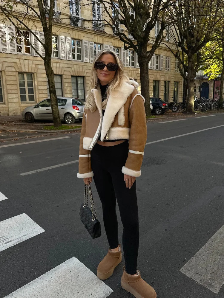 Elegant womens soft fur patch work suede coat fashionable lapel zipper cutting jacket autumn and winter womens warm commuting street jacket 241128