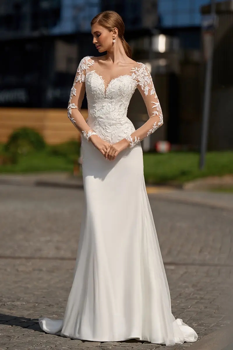 Elegant Mermaid Civil Wedding Dress 2024 V-Neck Long Sleeve Lace Appliques Backless Bride Gowns vestido de noivas robe de mariee