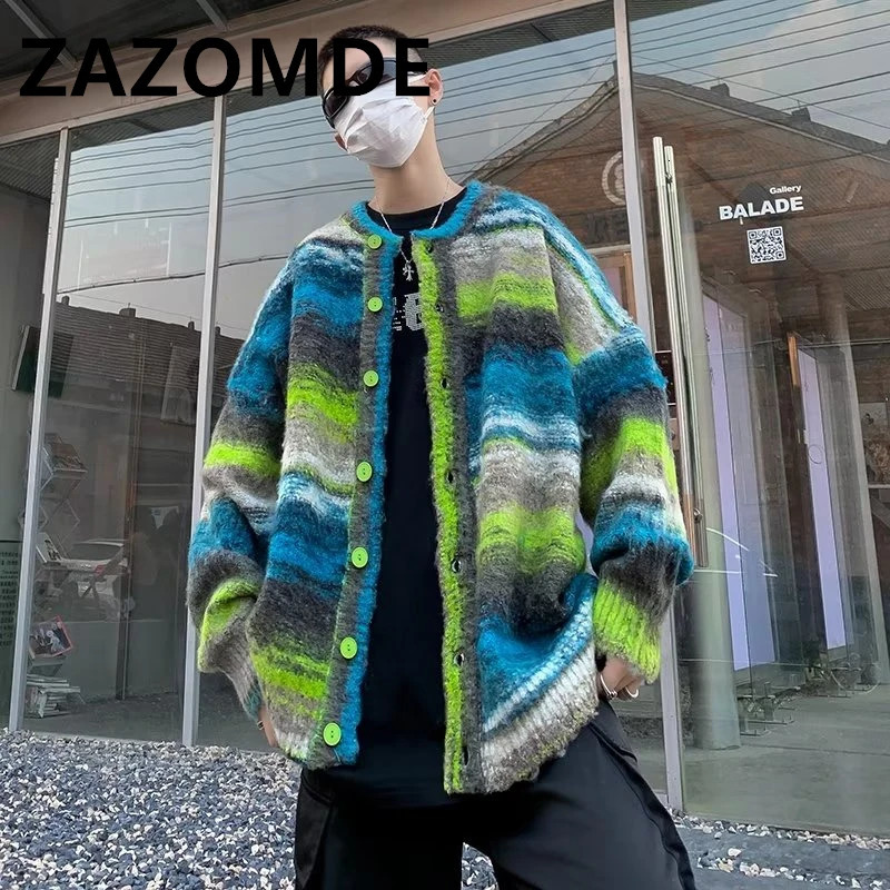 ZAZOMDE Men Wear Knitted Hip Hop Y2K Sweater Loose V-neck Single Breasted Tie-dye Knitted Stripe Cardigan Sweater Coat Winter 241127