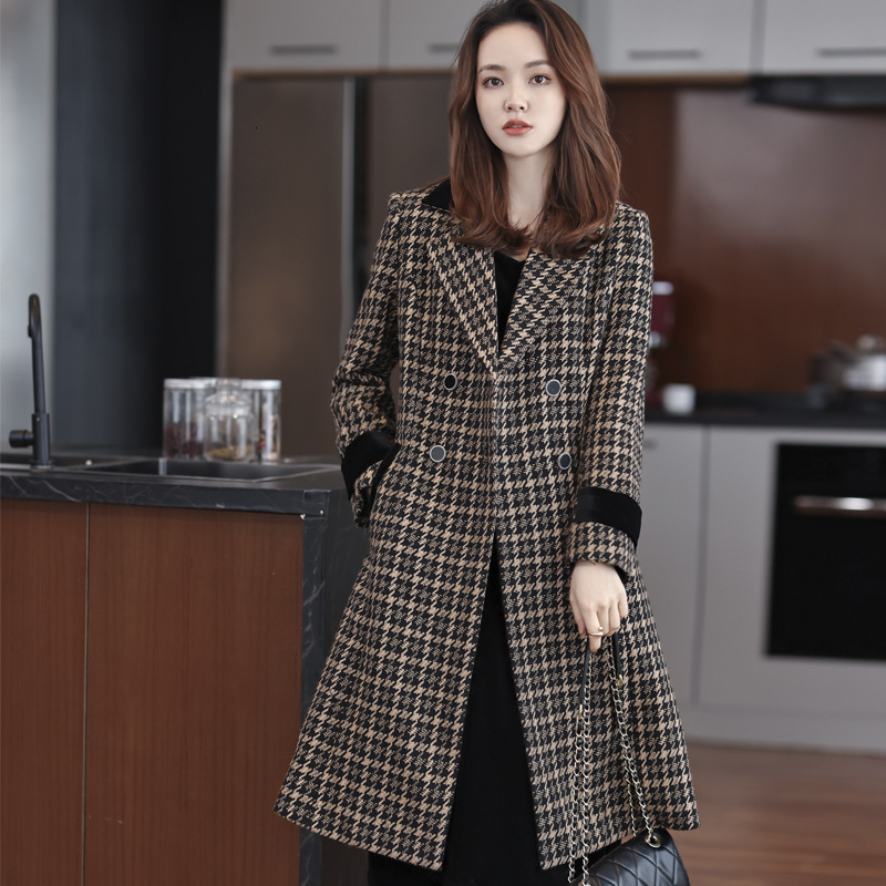 Women's Wool Blends Women's Medium Length Woolen Coat Autumn Korean Slim Coats Thousand Bird Check Double Breasted Suit Collar Coat 231010