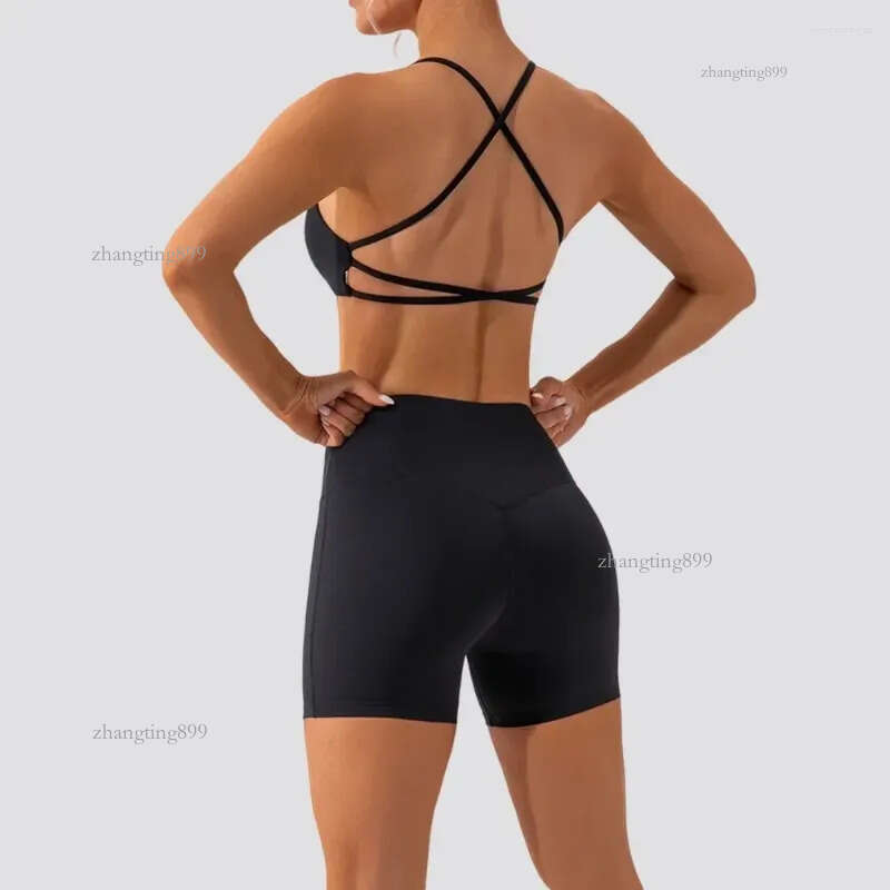 Active Sets Women's Spring/Summer Naked Yoga Clothes Shorts Two Piece Set For Fitness Running Quick Drying Sports