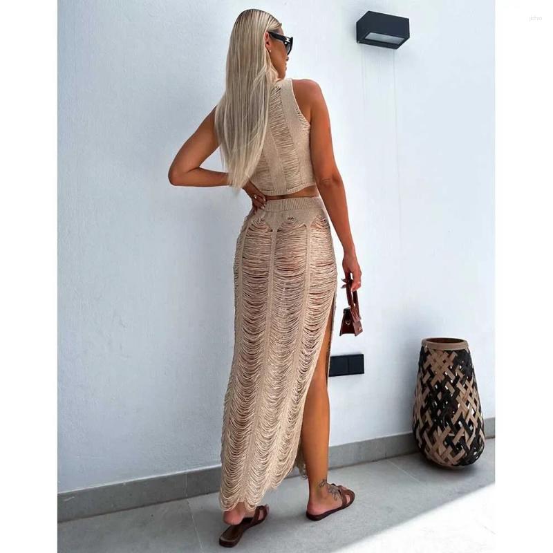 Cover-ups Knitted Sexy See Through Tassel Beach Cover Summer Camisole Blouse Bodycon Skirt Two-piece Set Hollow Out Dress