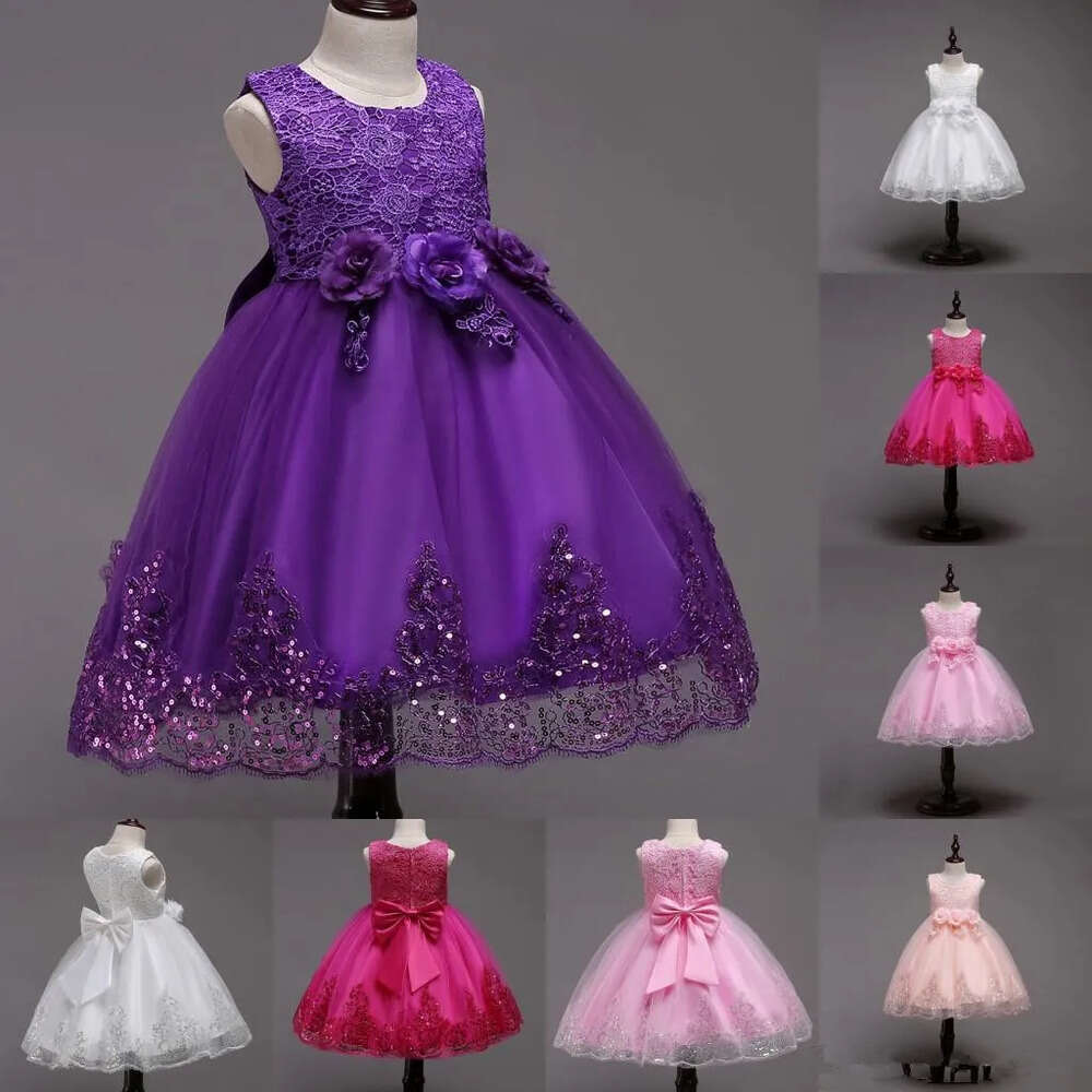 Dresses Flower For Wedding Girls Party Sleeveless Lace Appliques Ball Gown Birthday Girl Communion Pageant Gowns Kids Sequined Dress Mc1731 S