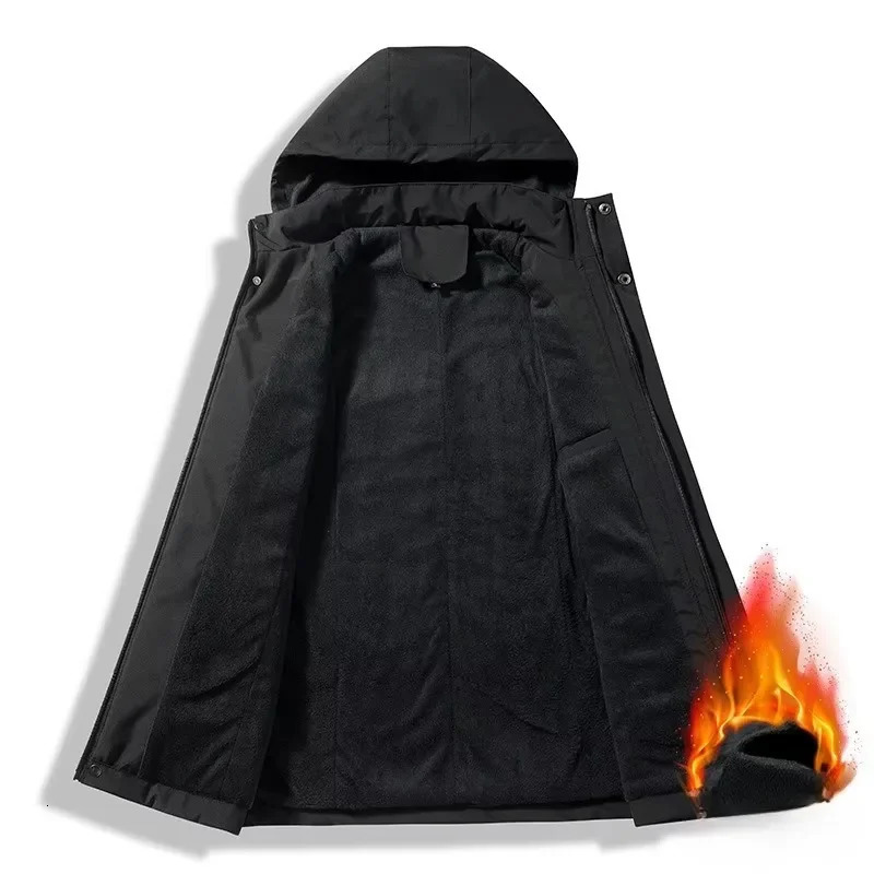 Mens Casual Warm Fleece Multi Pockets Jacket Chic Hooded Coat for Fall Winter Waterproof Jacket 241127