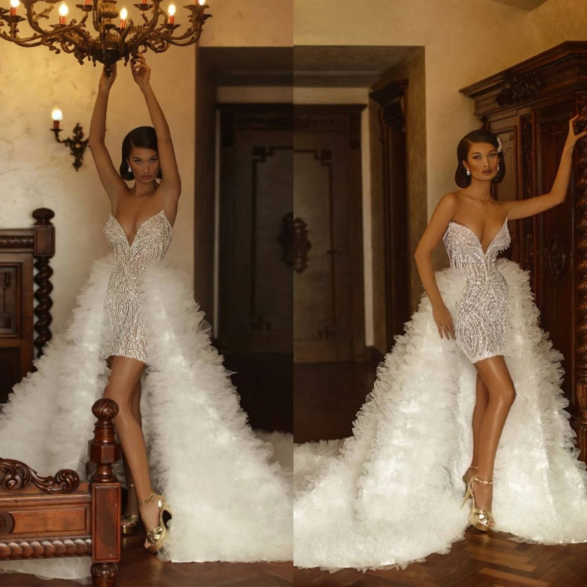 Fashion Short Evening Dresses For Women Sequins Gown Sweetheart Neck Detachable Train Customized Mini Dress Party Prom
