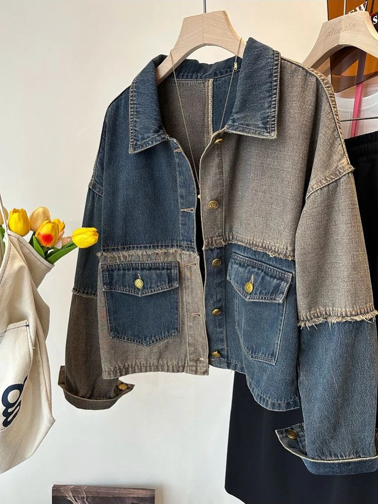 Fashionable retro jacket patch work contrasting color original edge long sleeved denim jacket casual loose fully matched womens clothing 241125