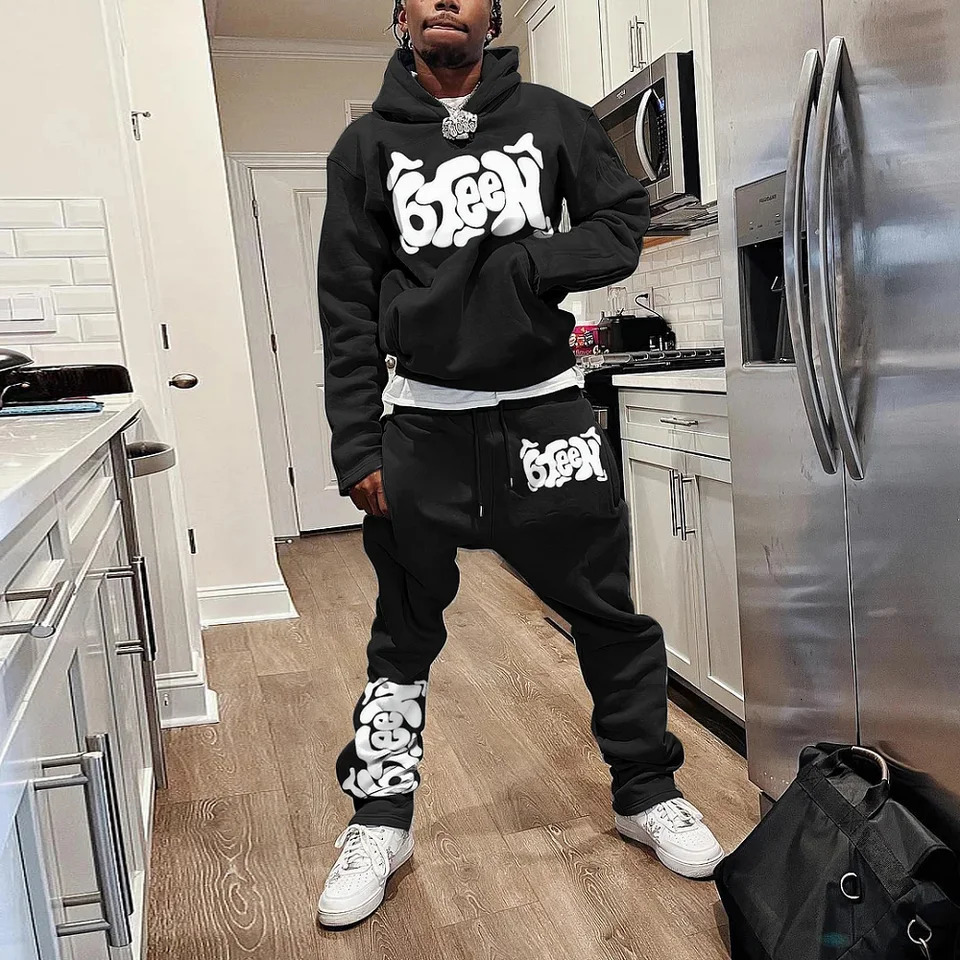 Mens Autumn Winter Hoodie Suit Two-piece 3D Printed Sportswear Casual Flare Pants Sportswear Set Y2k Streetwear Mens Clothing 241127