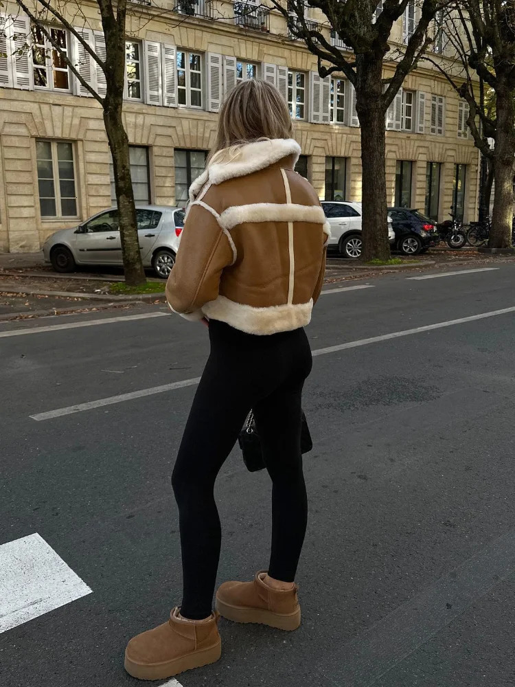 Elegant womens soft fur patch work suede coat fashionable lapel zipper cutting jacket autumn and winter womens warm commuting street jacket 241128