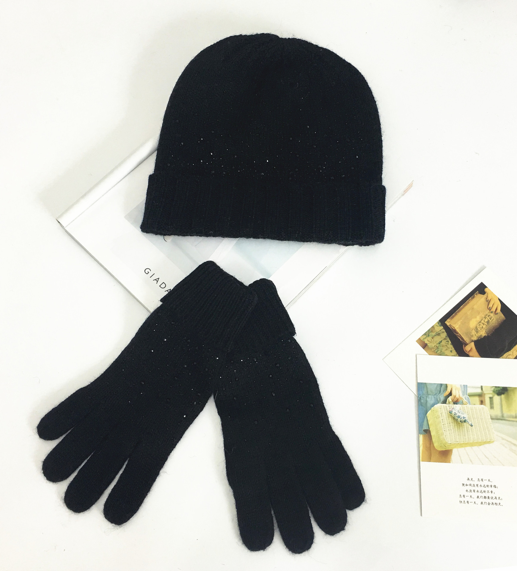 New European and American fashion three piece set with hot drilling for autumn and winter warmth hat scarf glove set factory direct sales
