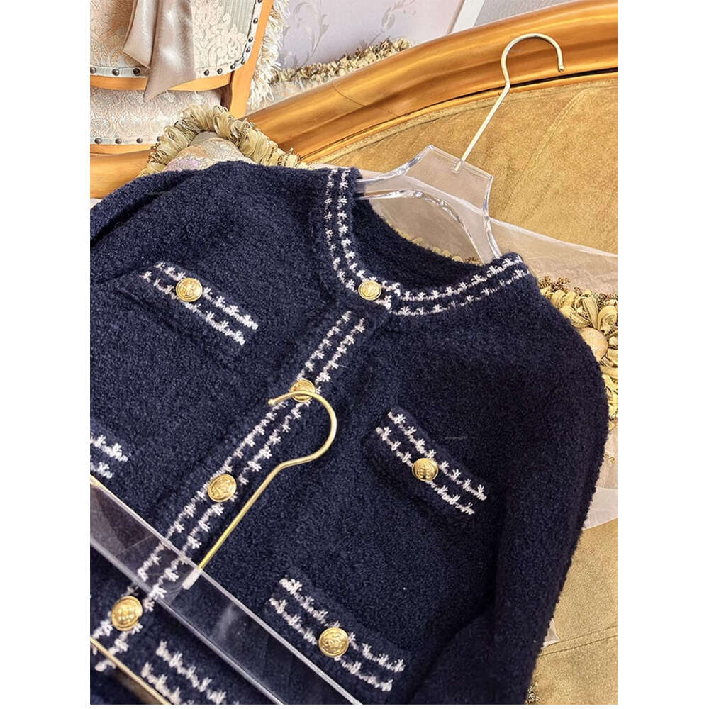 Free Shipping Navy Blue Short Cardigans Designer Metal Buttons Women's Knitting Jackets And Skirts Sets 317001