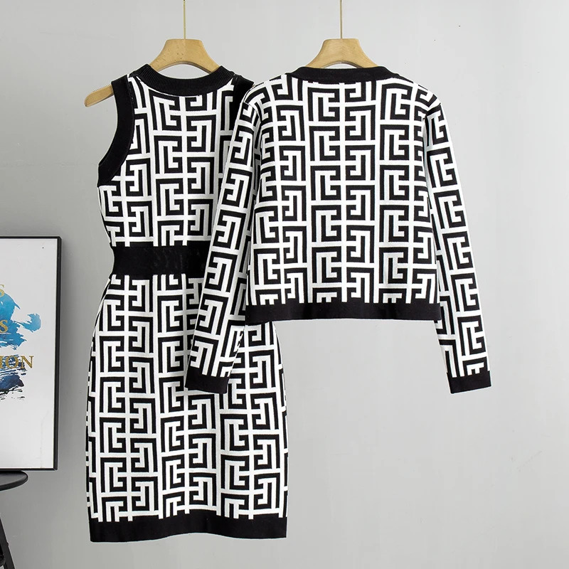 Women Suit Knitted Sweaters and Dress Two Pieces Set Spring Autumn Elegant Casual Knitwear Cardigans Jumpers Pull Femme 240423