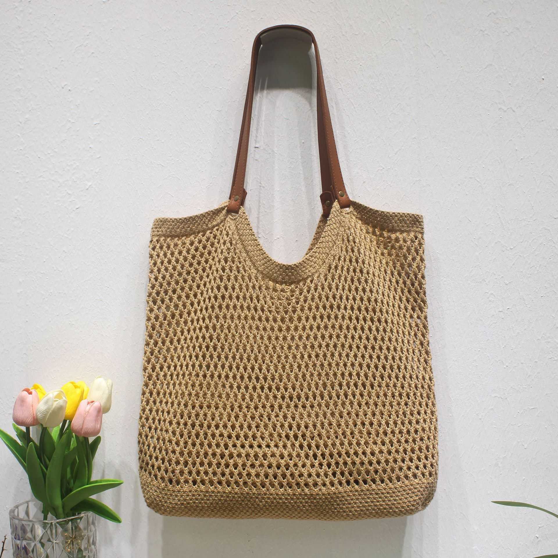 Leisure large capacity single shoulder cotton thread woven bag, new hollow mesh tote bag, beach vacation beach bag, women's bag