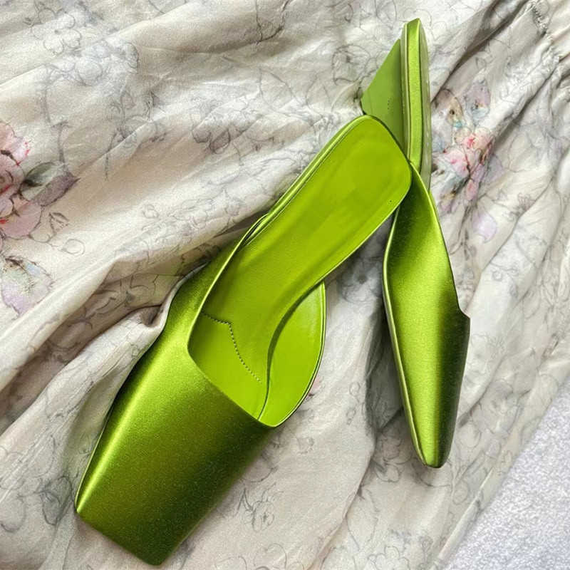 Satin Design Mules Shoes For Women Summer Sexy Square Head Strange Low Heel Slide Sandals Elegant Comfort Dress Slippers