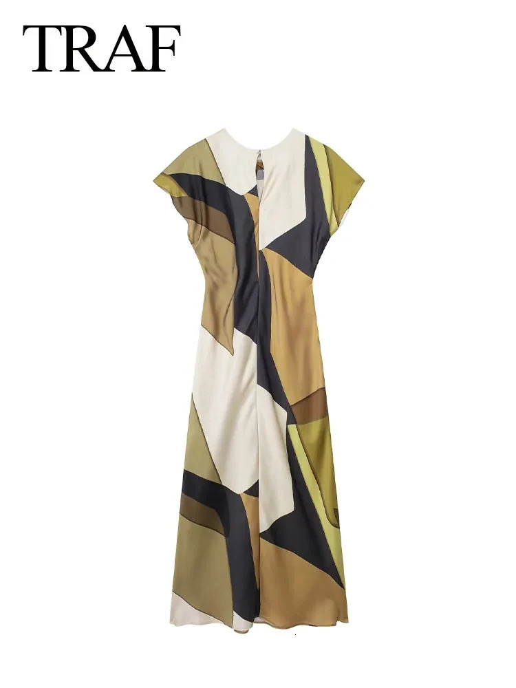 TRAF 2024 Summer Woman Fashion Vinatge Green Printed Long Dress A Line Sleeveless X Shape Midi Dresses For Indie Folk Style 240422