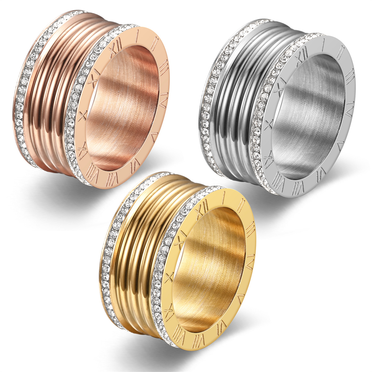 Europe and the United States popular double rows full of diamonds ring extra wide Roman numerals stainless steel ladies finger ring jewellery products
