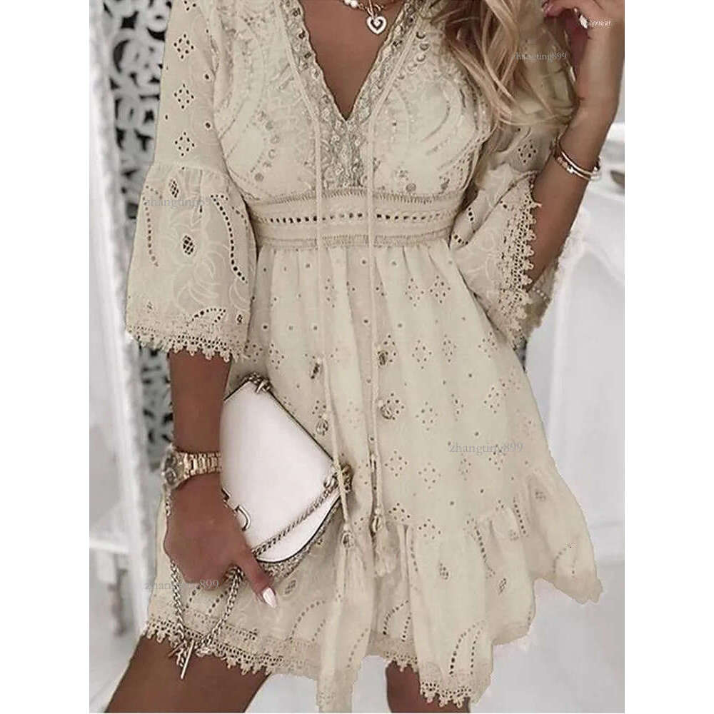 Casual Dresses White Lace Dress Women V Neck Up Female Patchwork Three Quarter Sleeve Vacation Beach Ladies A-line Party