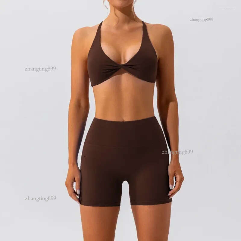 Active Sets Women's Spring/Summer Naked Yoga Clothes Shorts Two Piece Set For Fitness Running Quick Drying Sports