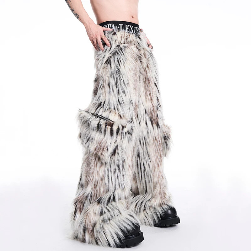 FEWQ 2024 Winter Men Two-piece Niche Fur Plush Long Sleeved Coats Large Pocket Decoration Casual Trousers Mens Suit 24E5008 241127